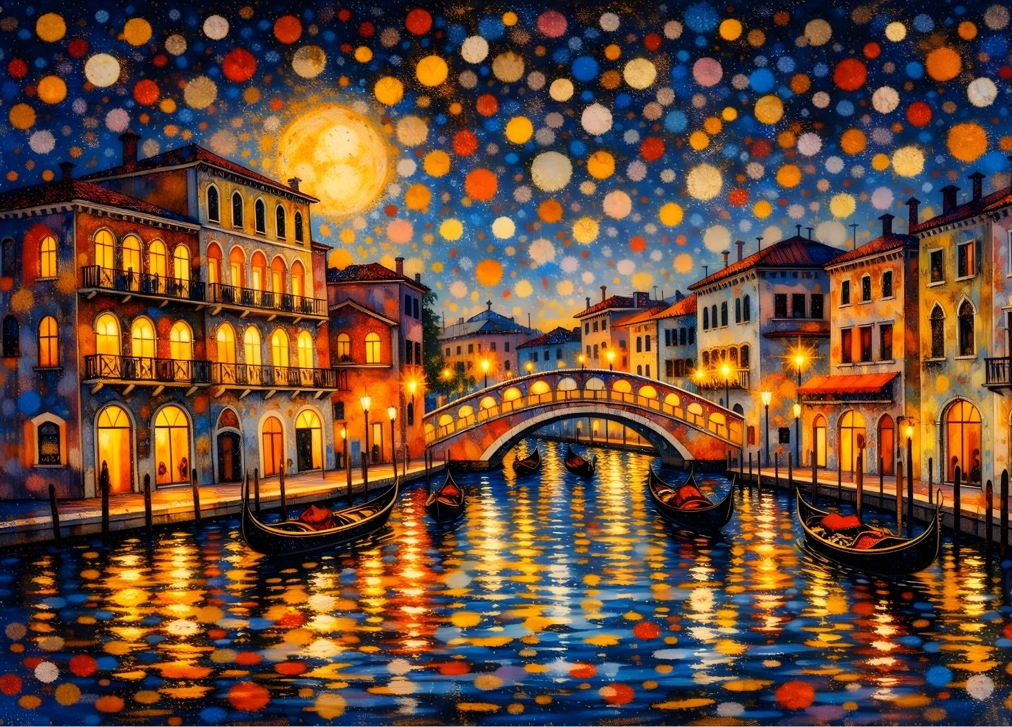 Illustration Venise gondoles canal pont illuminé ciel étoilé reflets dorés eau nuit romantique
