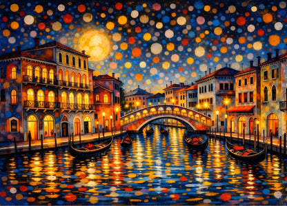 Illustration Venise gondoles canal pont illuminé ciel étoilé reflets dorés eau nuit romantique
