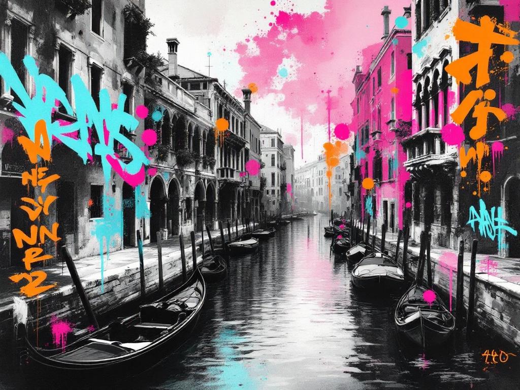 Tableau Venise canal gondoles graffiti rose turquoise style street art contemporain
