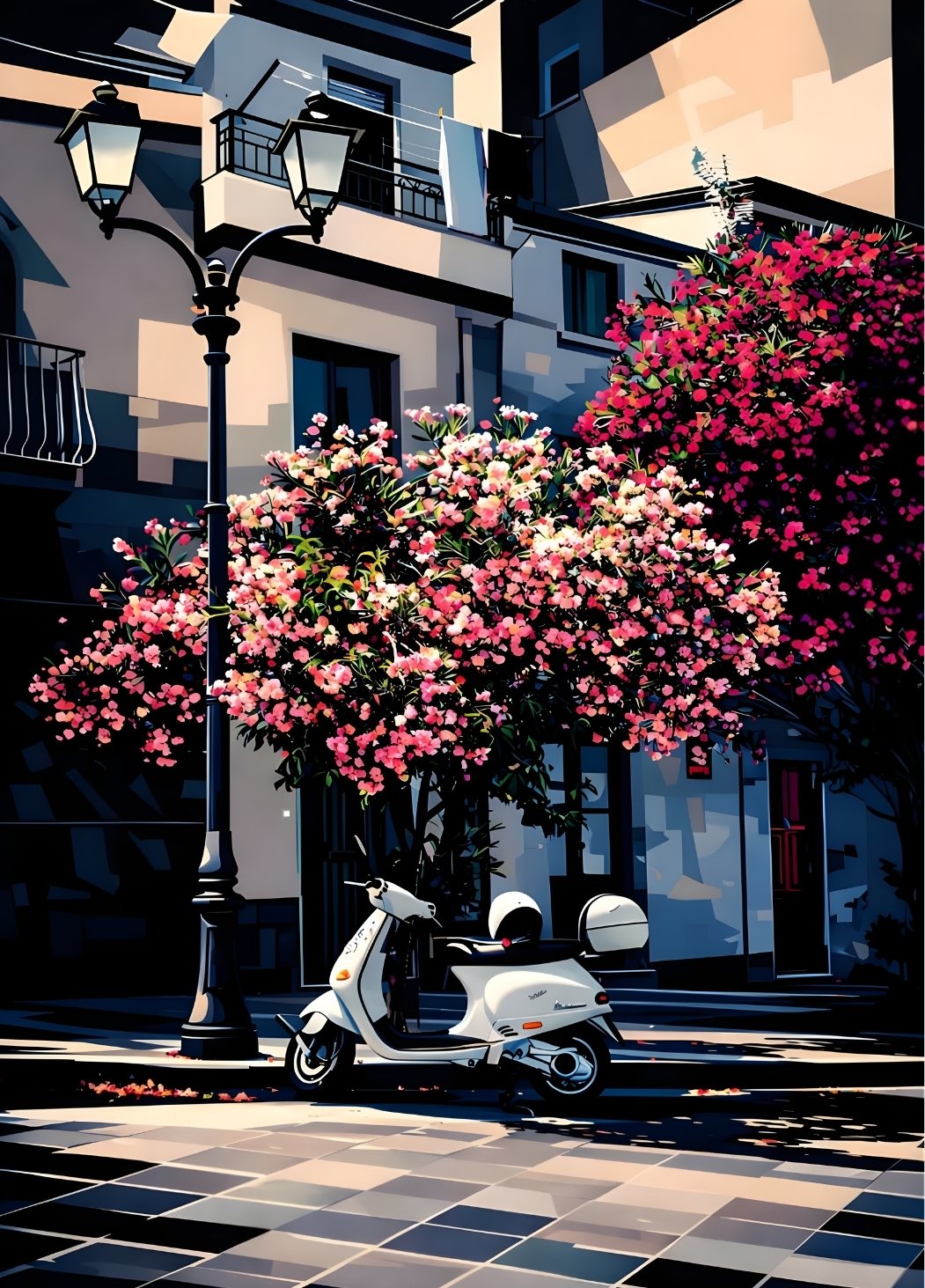 Tableau Vespa blanche rue méditerranéenne fleurs roses ambiance dolce vita
