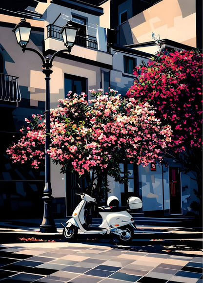 Tableau Vespa blanche rue méditerranéenne fleurs roses ambiance dolce vita
