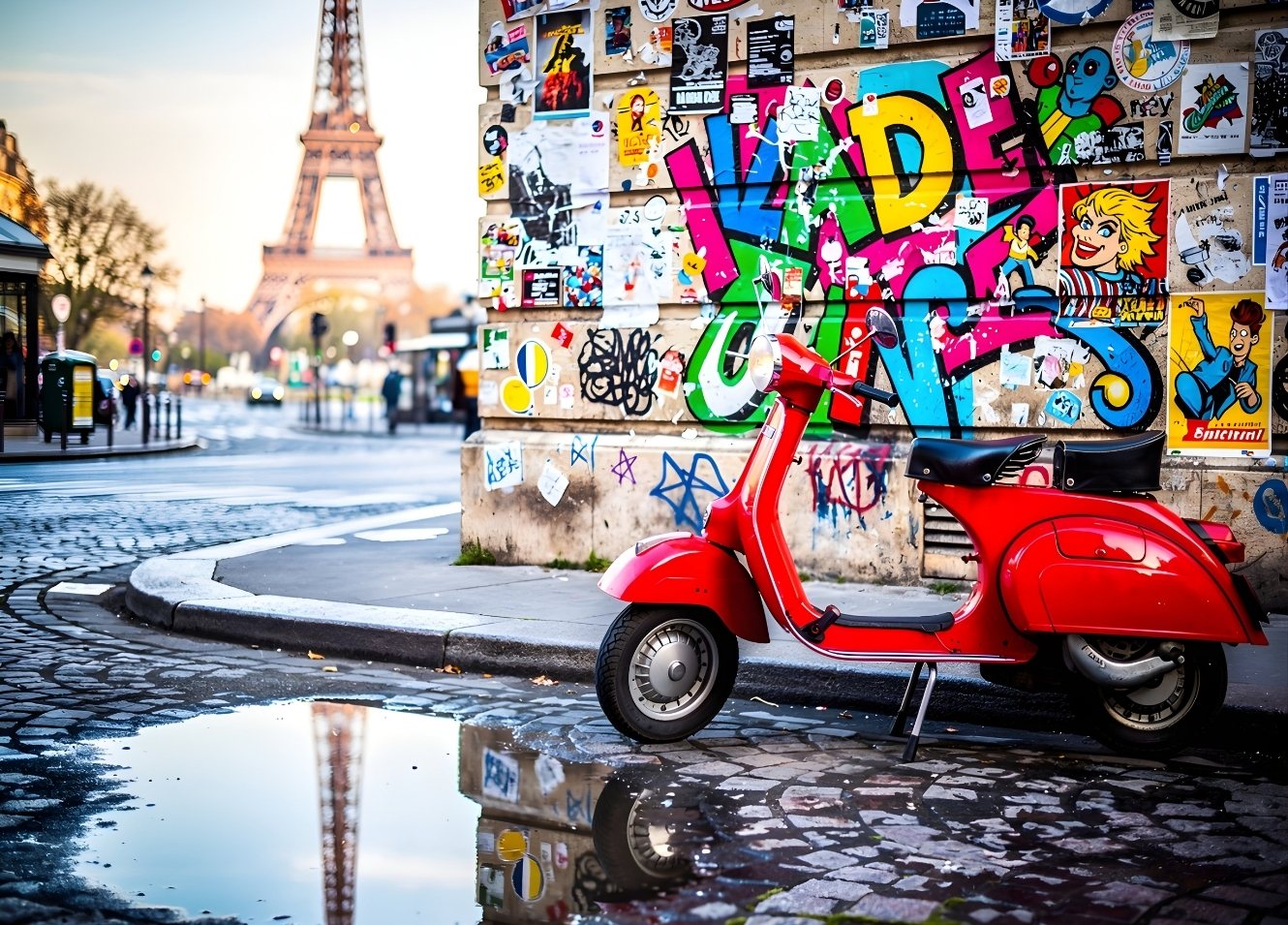 Vespa rouge vintage devant mur graffiti coloré avec Tour Eiffel Paris arrière-plan scène urbaine artistique
