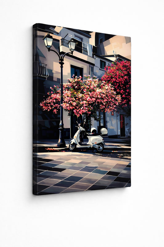 Tableau illustration ville méditerranéenne design contemporain fleurs roses
