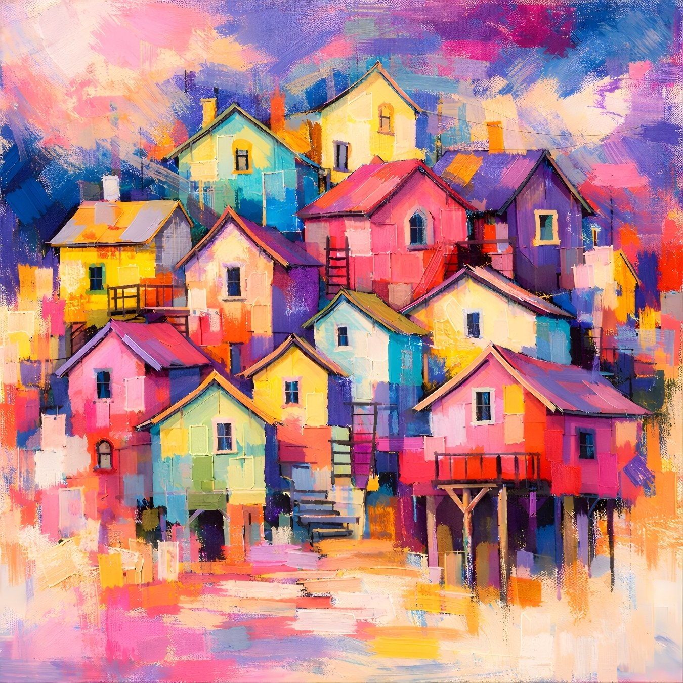 Tableau village coloré style peinture expressive, maisons pastel vibrantes décoration murale contemporaine artistique
