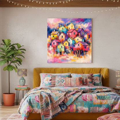 Tableau village coloré accroché dans salon moderne, décoration murale artistique ambiance créative contemporaine
