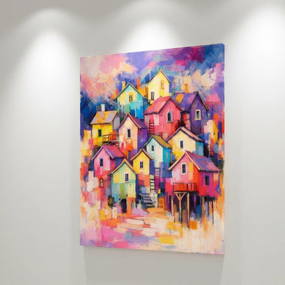 Vue de profil toile village coloré sur châssis, impression haute qualité effet peinture contemporaine
