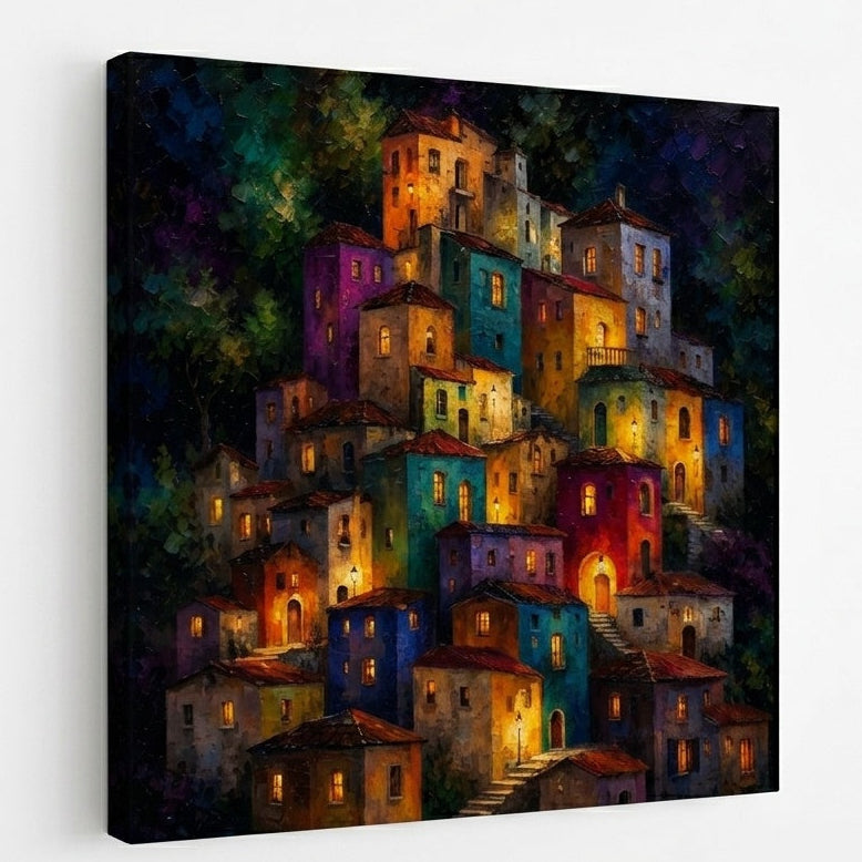 Composition contemporaine inspirée des villages méditerranéens et de l'art narratif moderne
