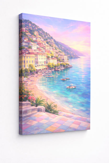 Tableau bord de mer méditerranéen village coloré style artistique
