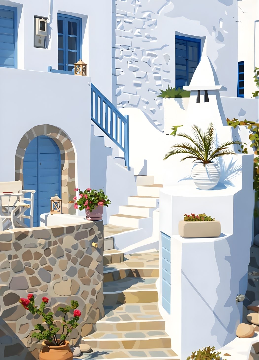 Ruelle village grec maisons blanches escaliers pierre volets bleus architecture cyclades
