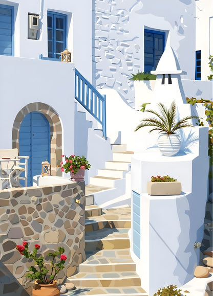 Ruelle village grec maisons blanches escaliers pierre volets bleus architecture cyclades
