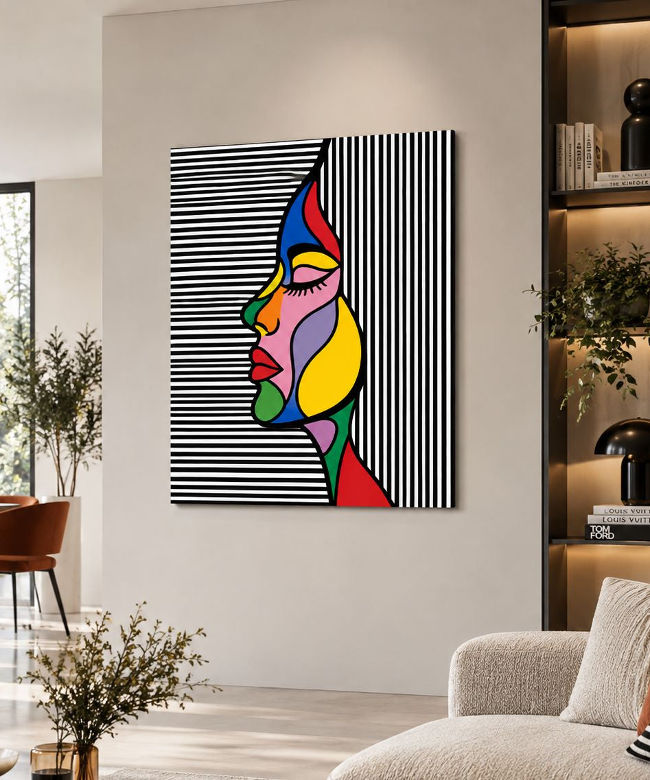Tableau Visage Chromatique sur aluminium avec portrait coloré et motifs graphiques noirs et blancs
