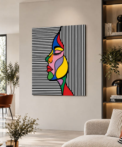 Tableau Visage Chromatique sur aluminium avec portrait coloré et motifs graphiques noirs et blancs

