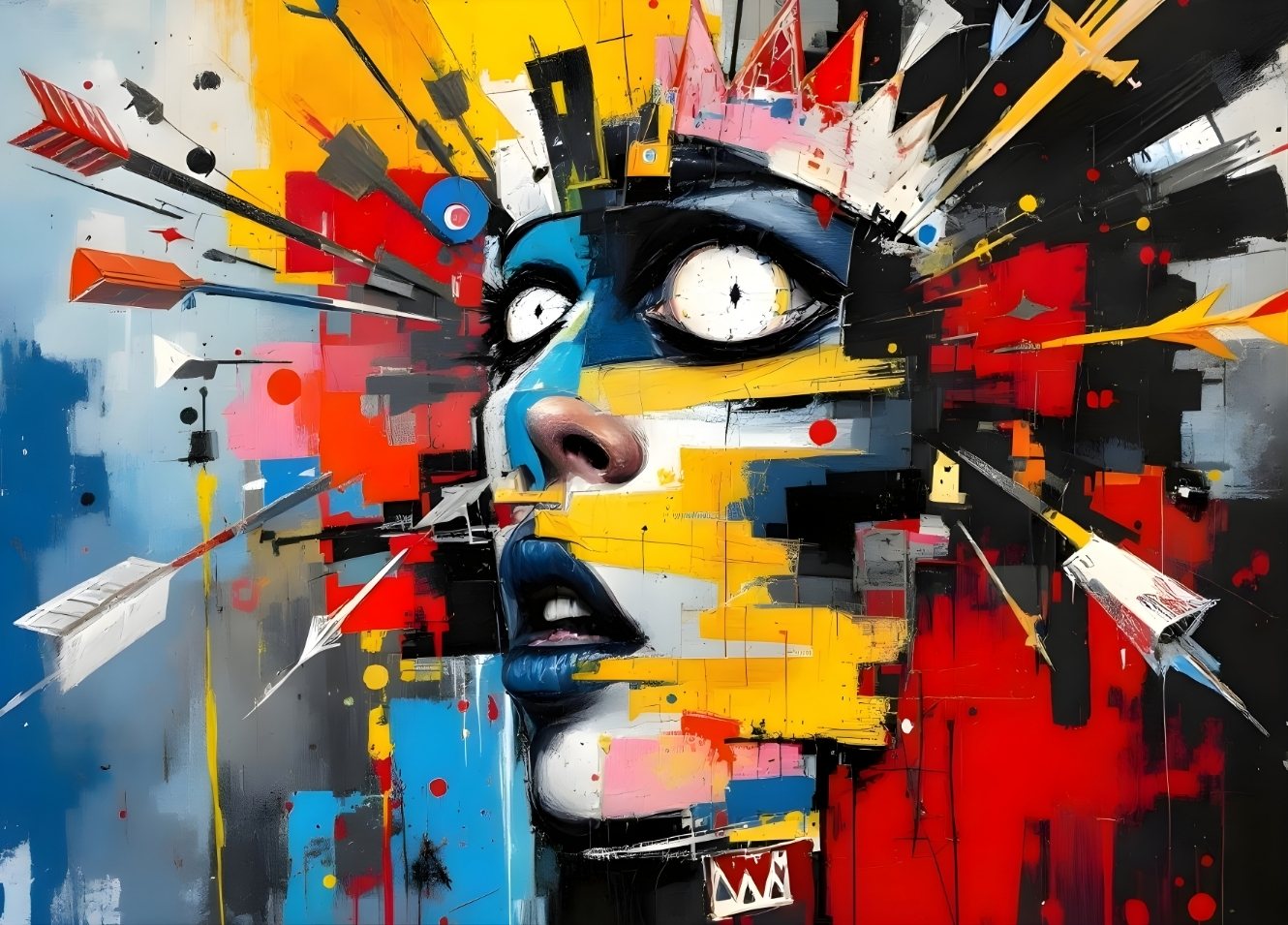 Portrait abstrait contemporain aux éclats graphiques
