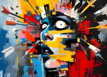 Portrait abstrait contemporain aux éclats graphiques
