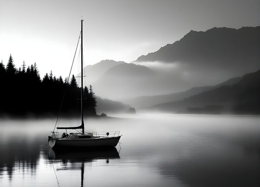 Voilier amarré sur un lac calme photographié en noir et blanc

