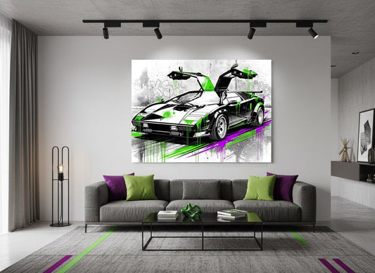 Lamborghini Countach street art accrochée dans loft moderne décoration murale automobile
