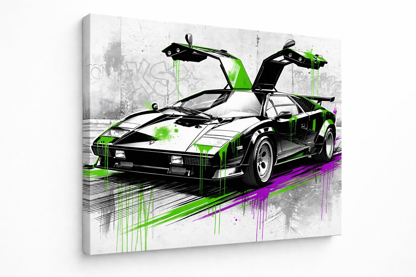 Vue de profil Lamborghini Countach street art graffiti néon supercar
