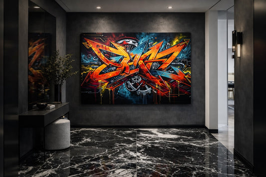 Graffiti sur toile en décoration murale dans un salon loft industriel moderne
