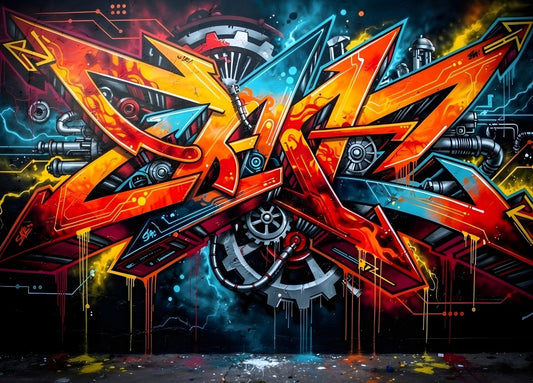 Graffiti sur toile rouge et bleu style street art industriel avec effets mécaniques
