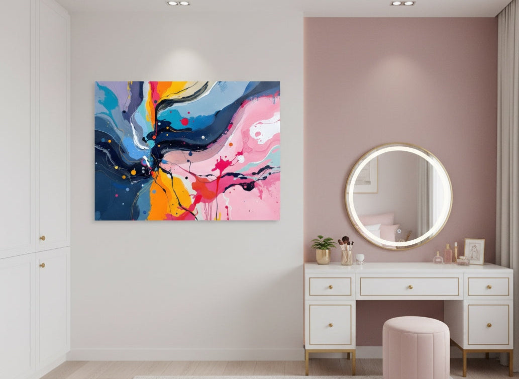 Tableau abstrait coloré en décoration murale salon contemporain
