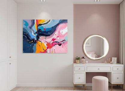 Tableau abstrait coloré en décoration murale salon contemporain
