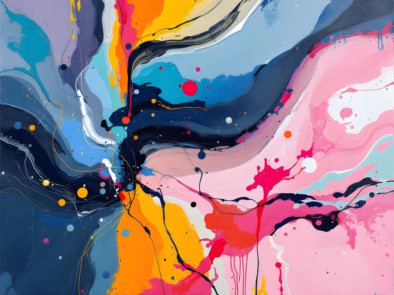 Tableau abstrait coloré moderne aux mouvements fluides rose bleu jaune
