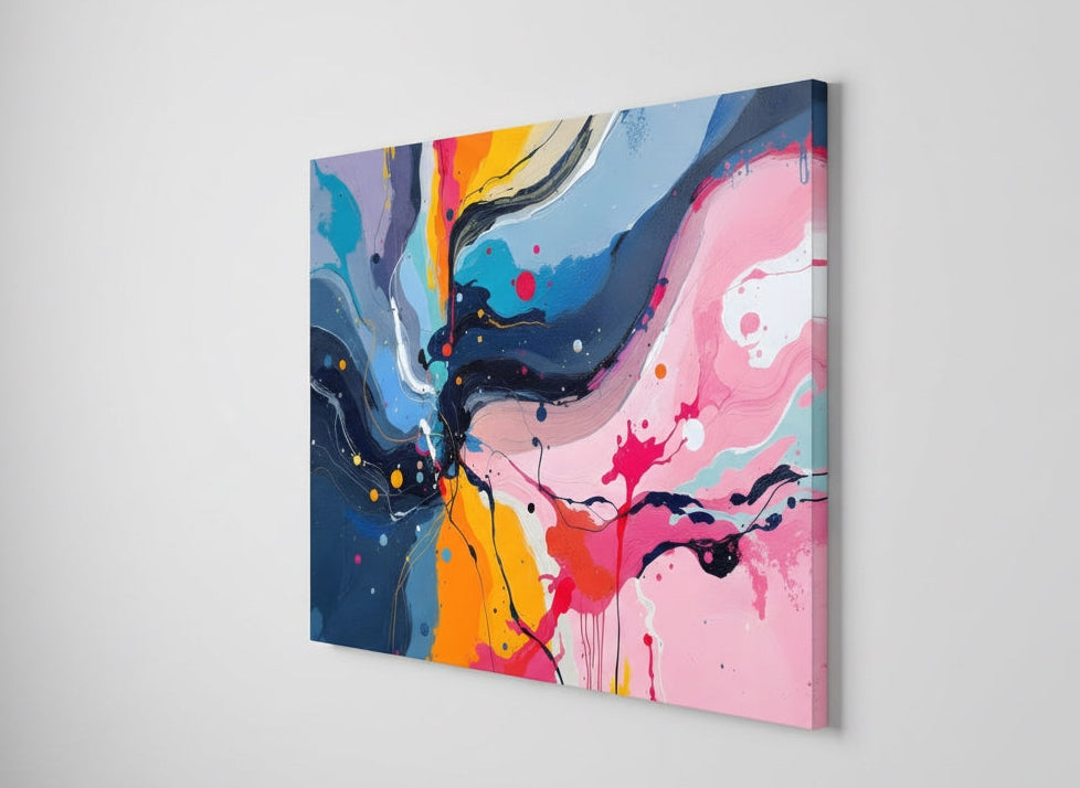 Vue profil toile abstraite moderne sur châssis finition premium
