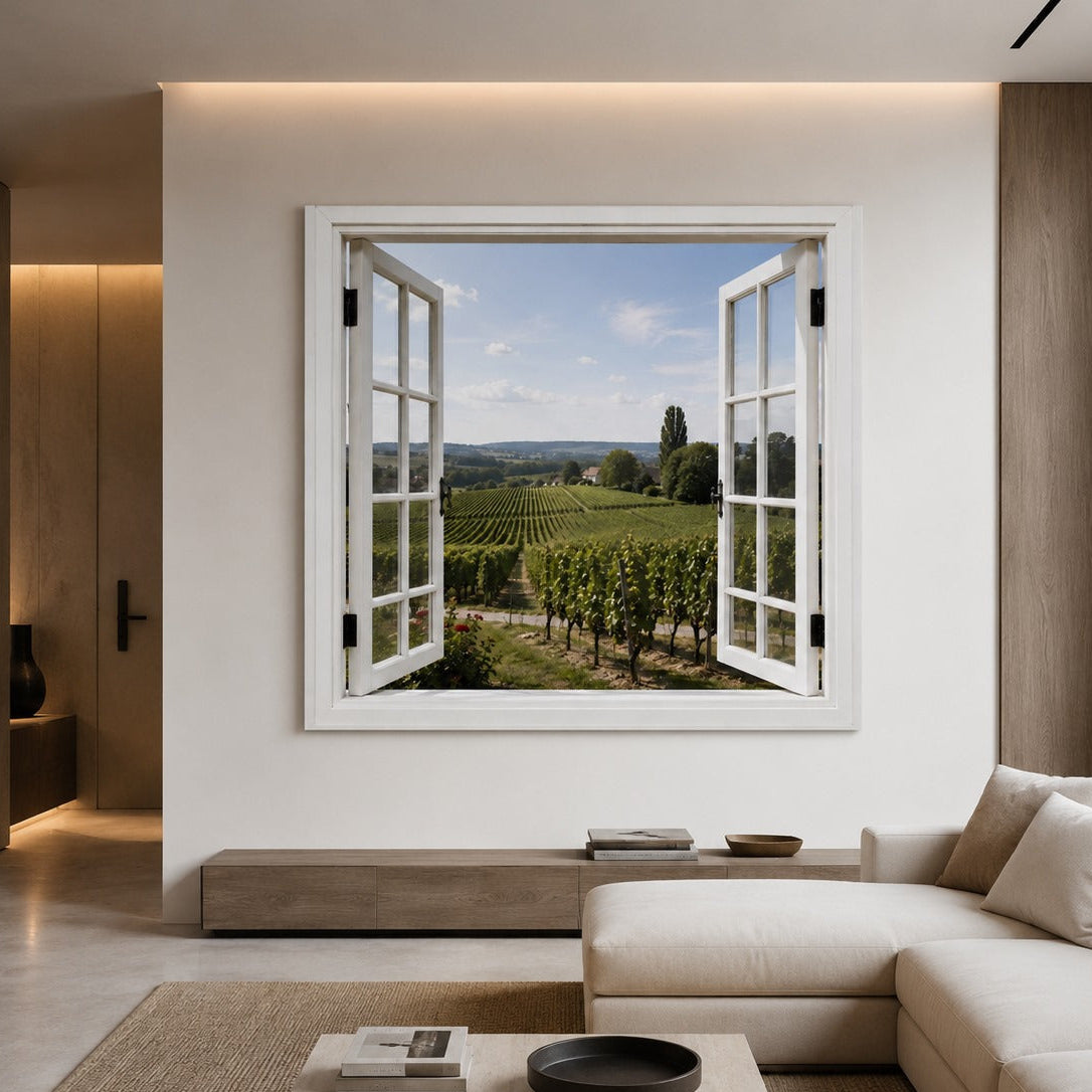 Fenêtre ouverte sur la campagne et les parcelles de vigne du tableau Vue sur les Vignes
