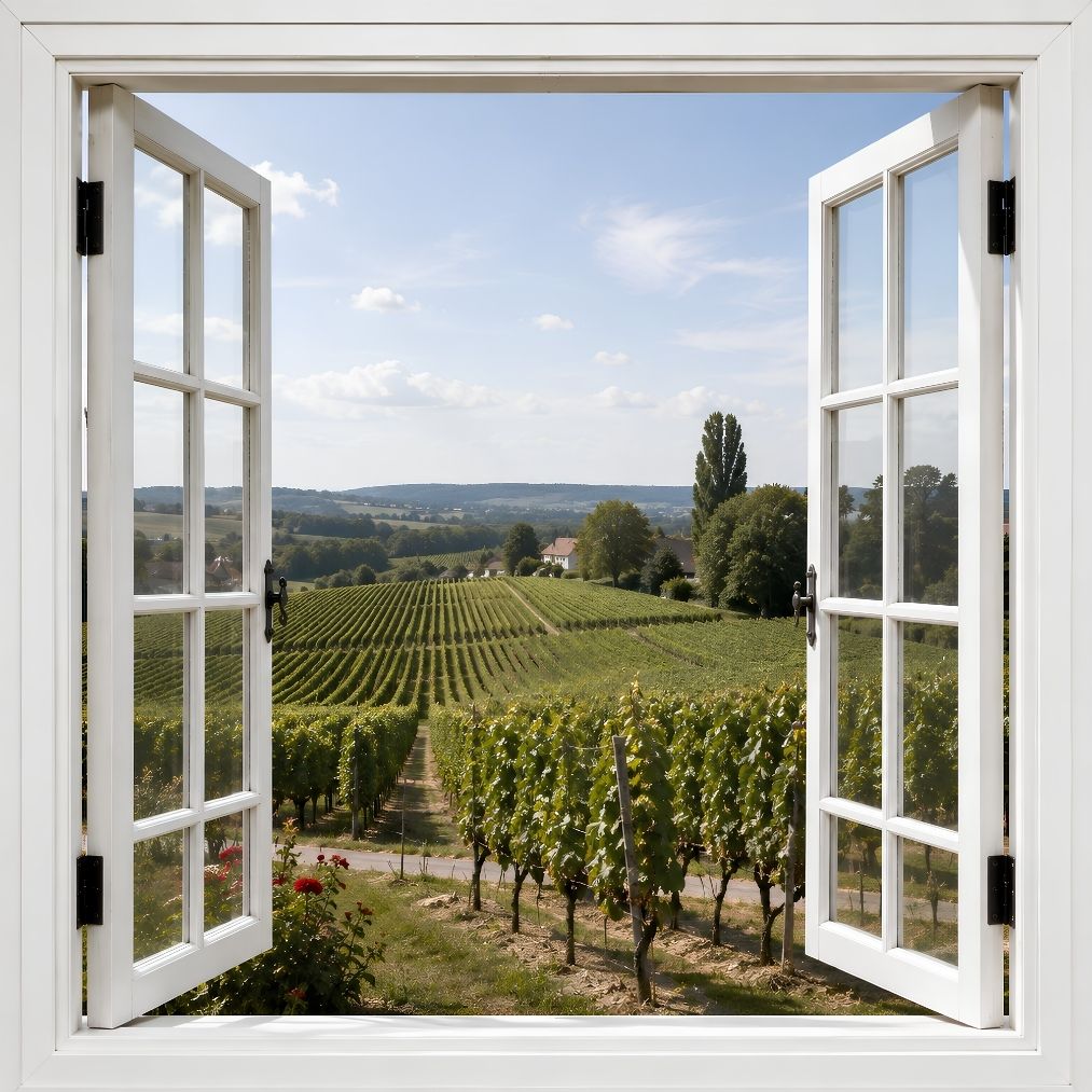 Trompe-l'œil mural Vue sur les Vignes avec fenêtre ouverte sur un vignoble verdoyant
