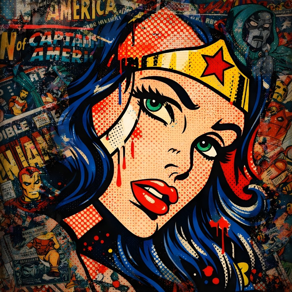 Portrait Wonder Woman pop art style comics couleurs rouge bleu jaune graphisme bande dessinée
