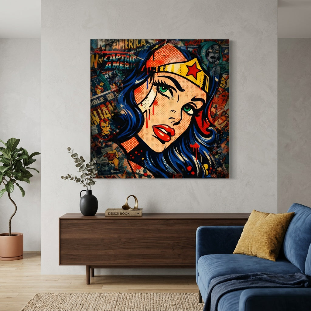 Wonder Woman pop art accrochée dans intérieur moderne décoration murale comics
