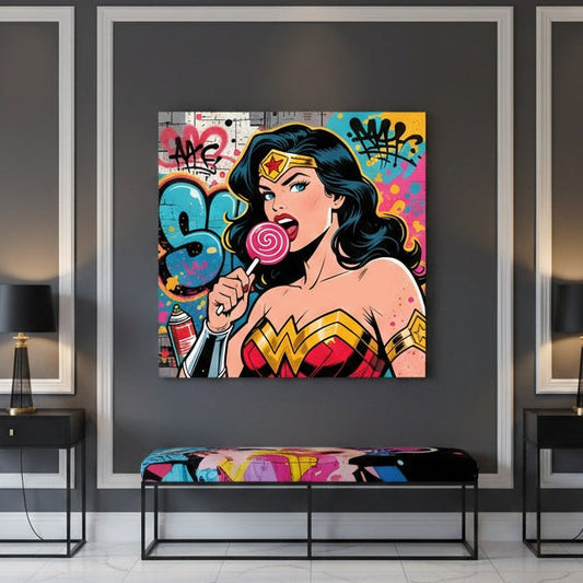 Tableau street art Wonder Woman Pop accroché dans un salon moderne, décoration murale avec Wonder Woman et sucette, ambiance pop et urbaine.