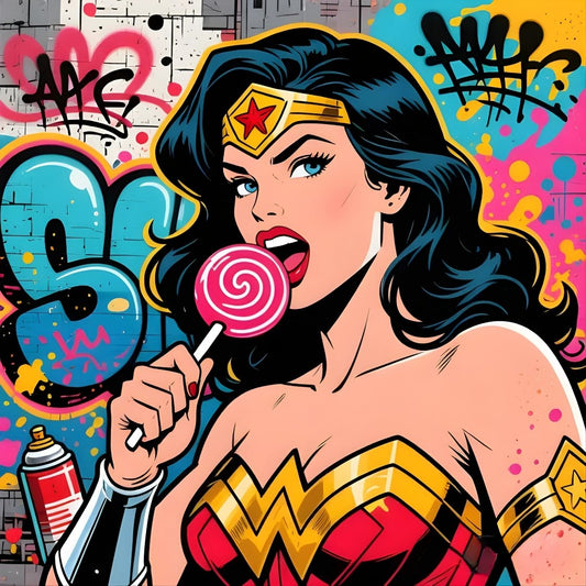 Tableau street art Wonder Woman Pop : Wonder Woman avec une sucette rose, fond de graffitis colorés, création exclusive Iconik-Art.