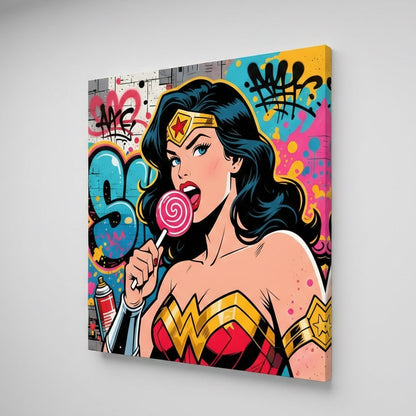 Vue de profil du tableau street art Wonder Woman Pop sur châssis toile, détails des traits expressifs et des graffitis, impression haute qualité.
