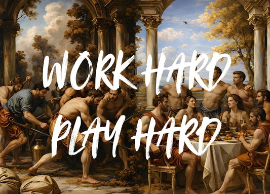 Scène figurative inspirée de l’art classique avec inscription Work Hard Play Hard, création exclusive Iconik-Art
