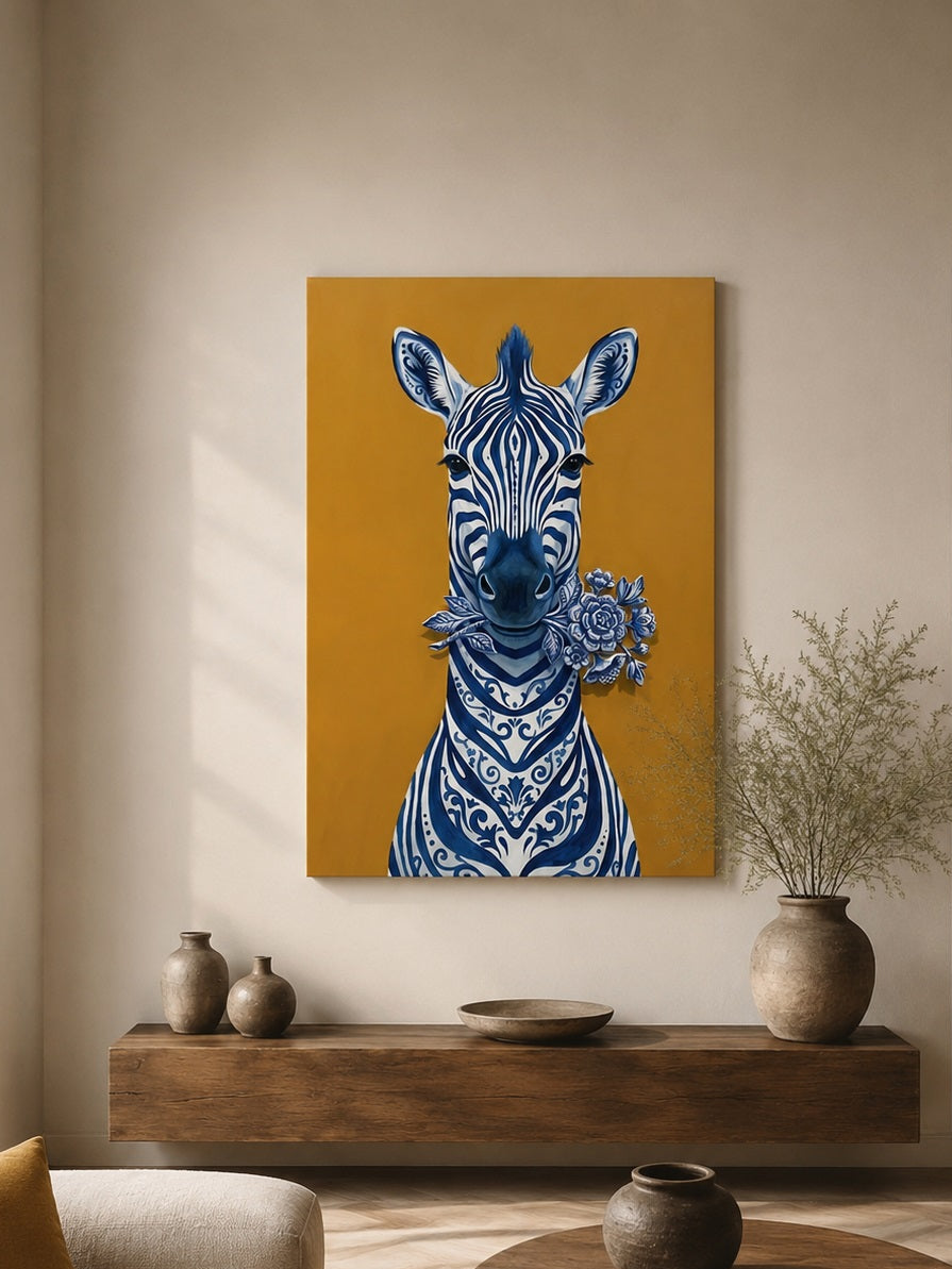 Œuvre animale contemporaine représentant un zèbre ornemental bleu et blanc au design raffiné
